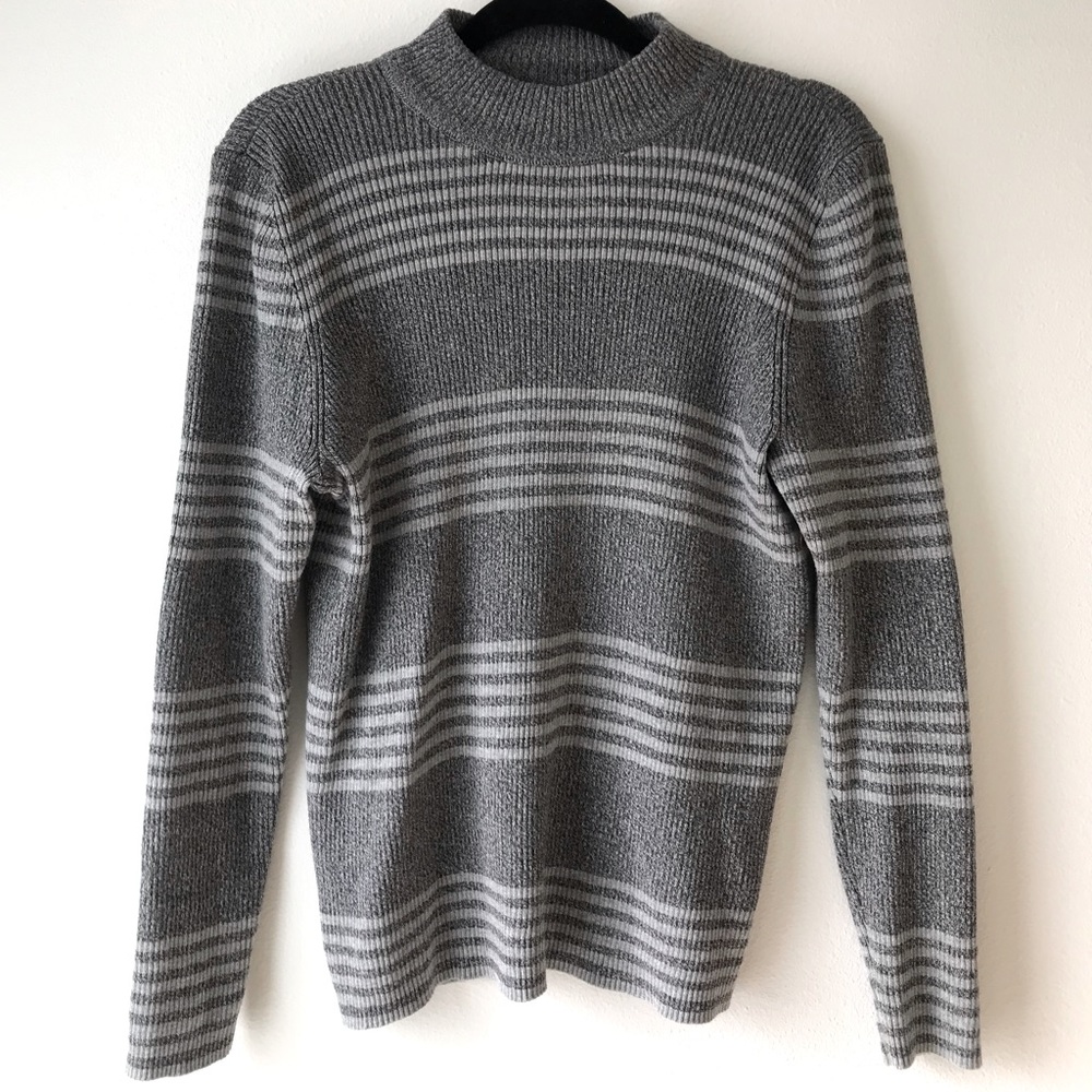 Karen Scott Grey Claire Striped Ribbed Mock Neck Long Sleeve Sweater, Size: M